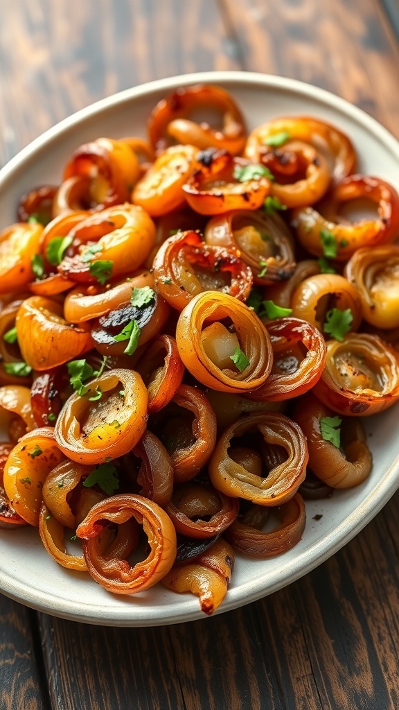 Crispy caramelized onions on a plate, garnished with herbs, on a wooden table.